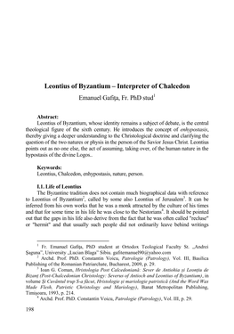 Leontius of Byzantium – Interpreter of Chalcedon Emanuel Gafiţa, Fr