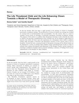 The Life Threatened Child and the Life Enhancing Clown: Towards a Model of Therapeutic Clowning