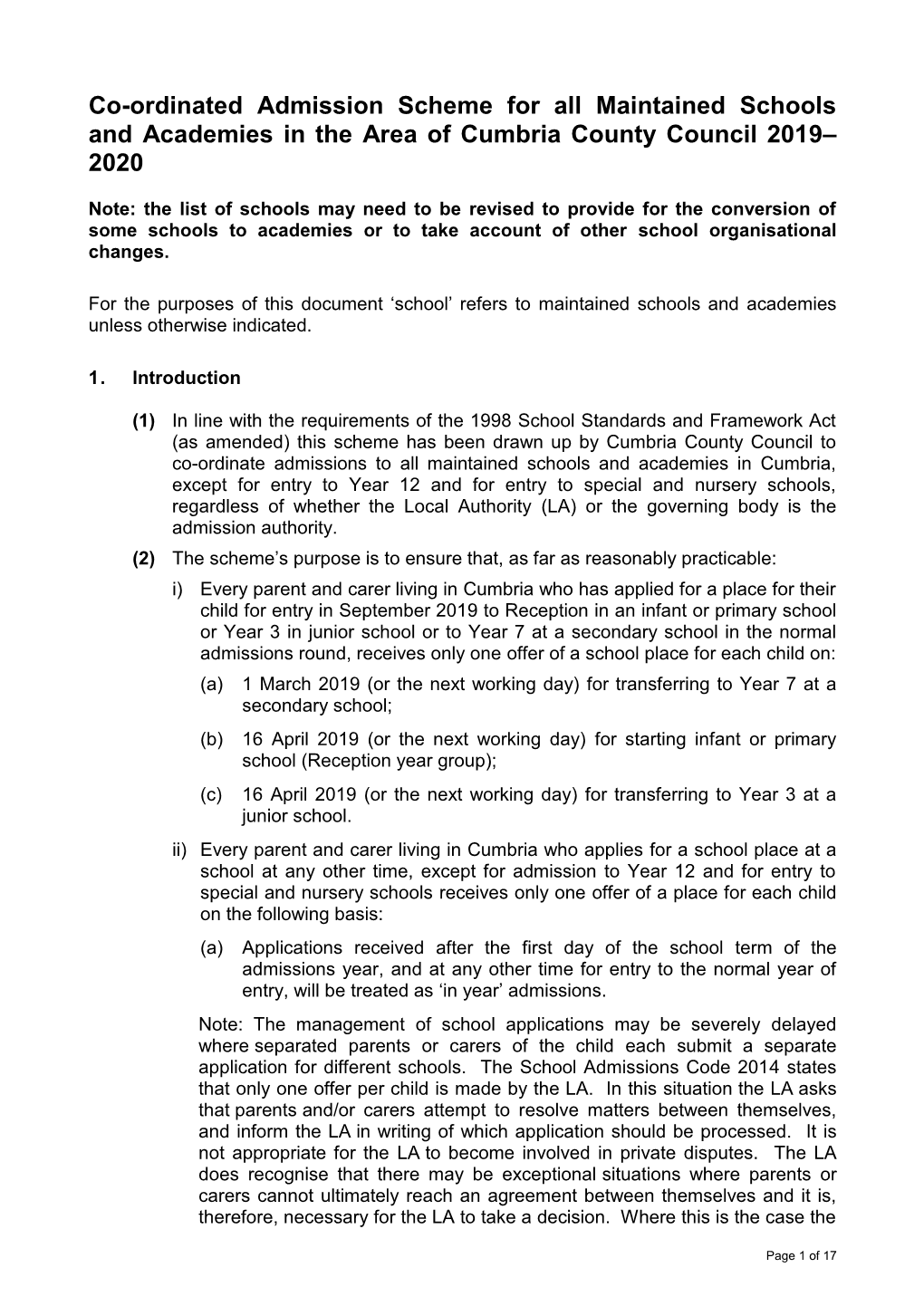 Co-Ordinated Admission Scheme for All Maintained Schools and Academies in the Area of Cumbria County Council 2019– 2020