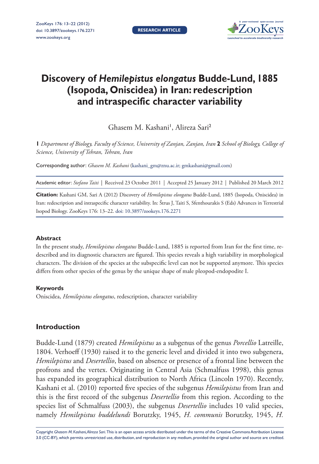 Discovery of Hemilepistus Elongatus Budde-Lund, 1885 (Isopoda, Oniscidea) in Iran: Redescription and Intraspecific Character Variability