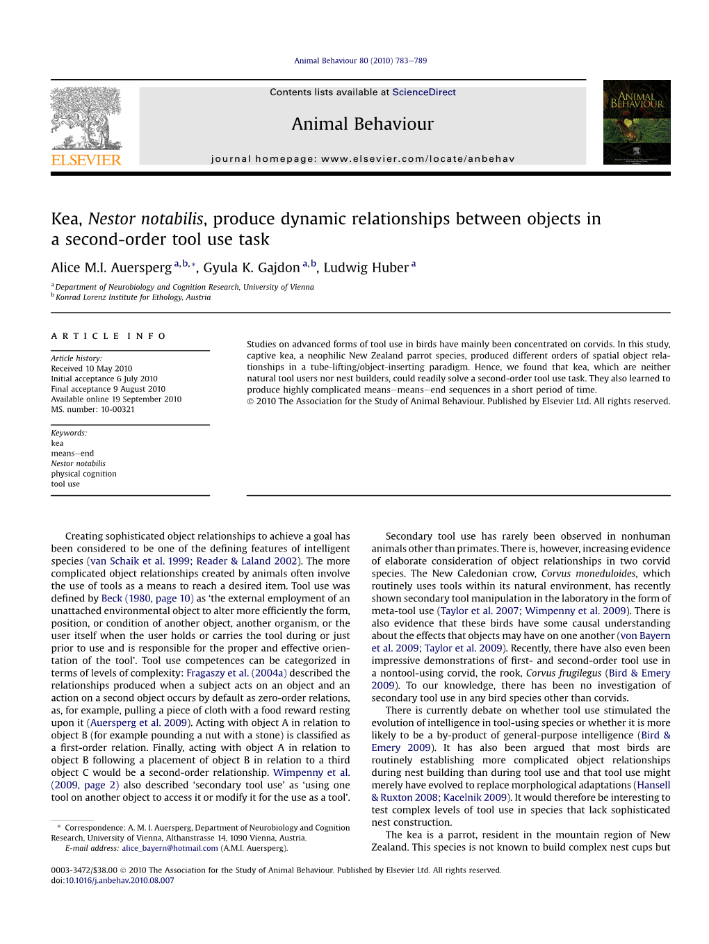 Kea, Nestor Notabilis, Produce Dynamic Relationships Between Objects in a Second-Order Tool Use Task