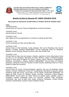 Boletim Da Sala De Situação SP / DAEE 15/03/2021 09:00