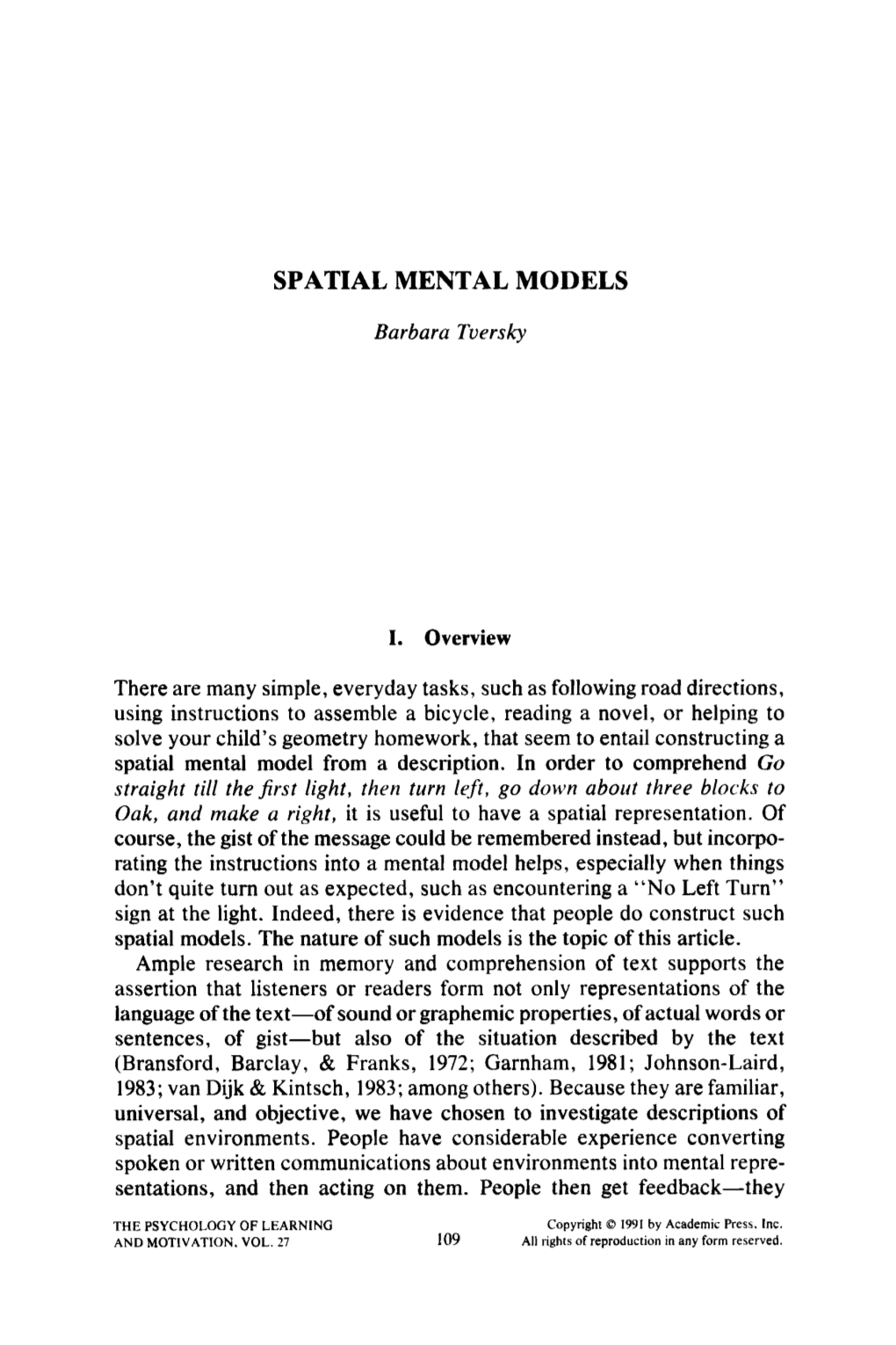 Spatial Mental Models