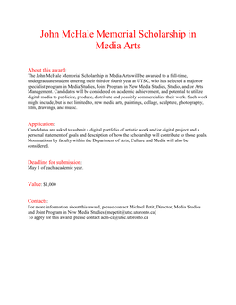 John Mchale Memorial Scholarship in Media Arts