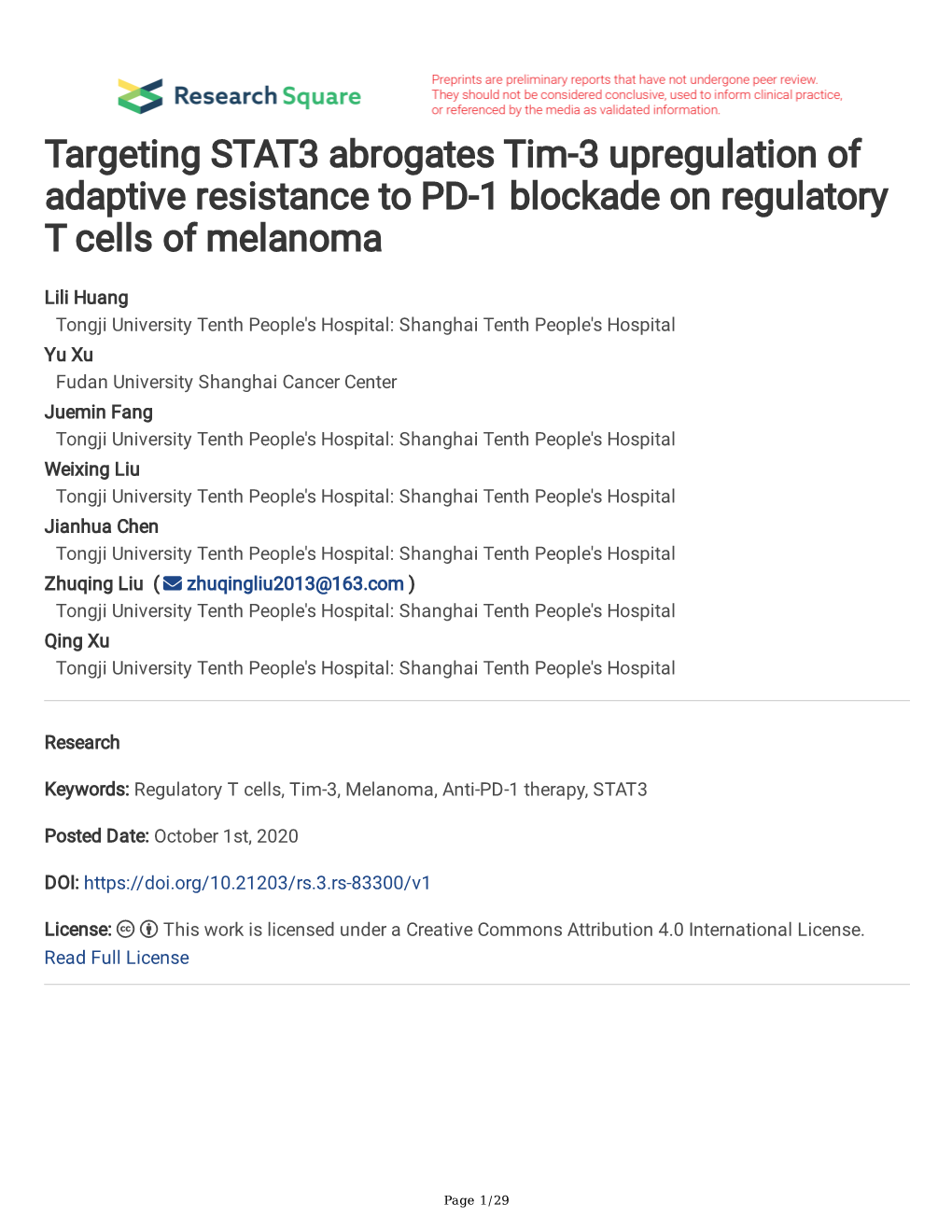 Targeting STAT3 Abrogates Tim-3 Upregulation of Adaptive Resistance to PD-1 Blockade on Regulatory T Cells of Melanoma