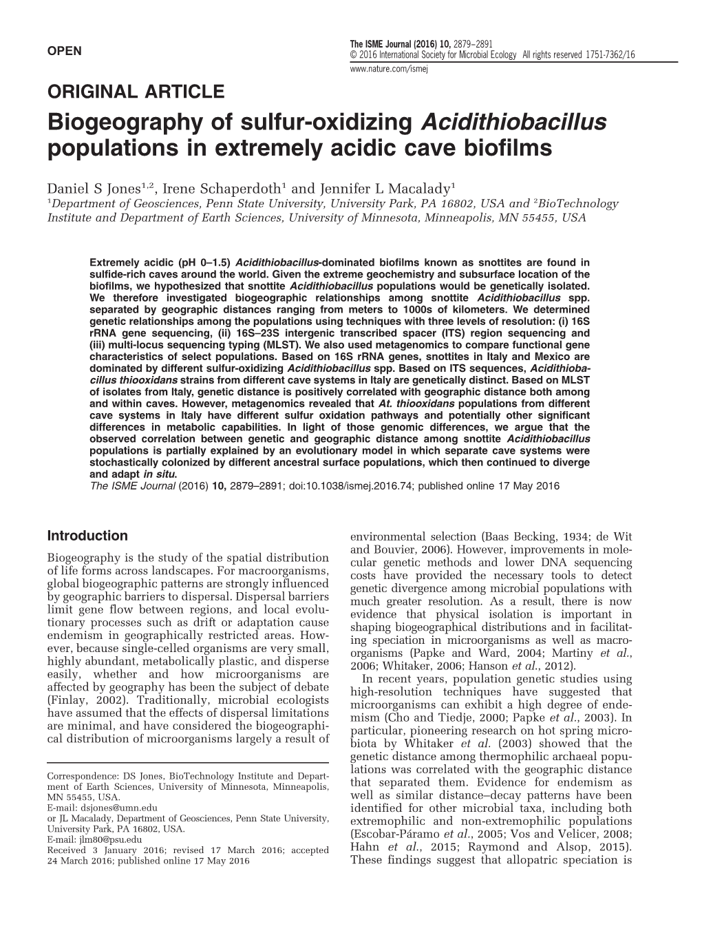 Biogeography of Sulfur-Oxidizing Acidithiobacillus Populations in Extremely Acidic Cave Biofilms