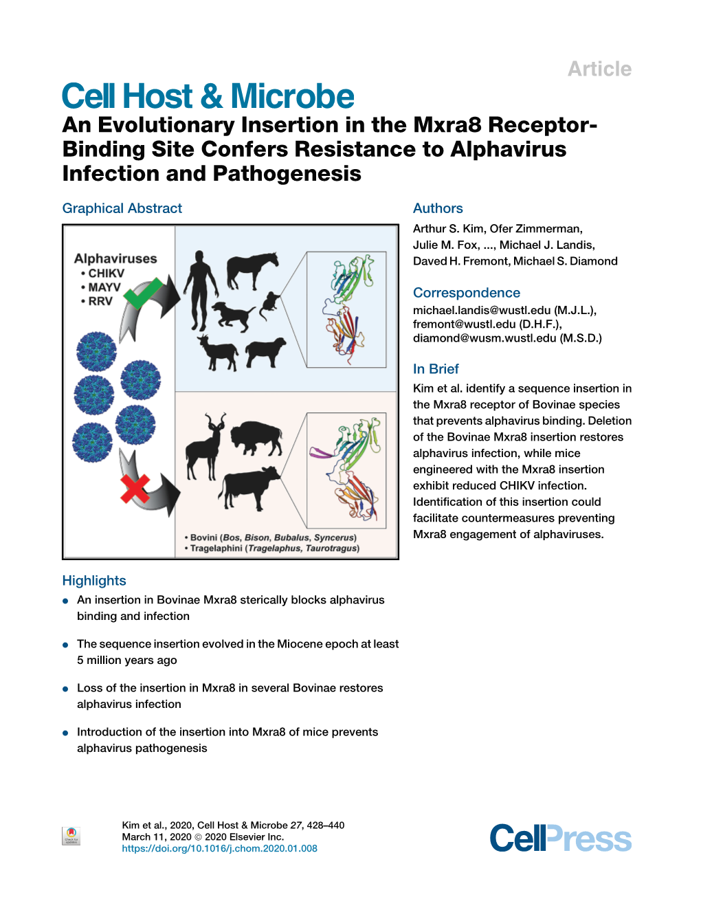 An Evolutionary Insertion in the Mxra8 Receptor-Binding Site Confers Resistance to Alphavirus Infection and Pathogenesis