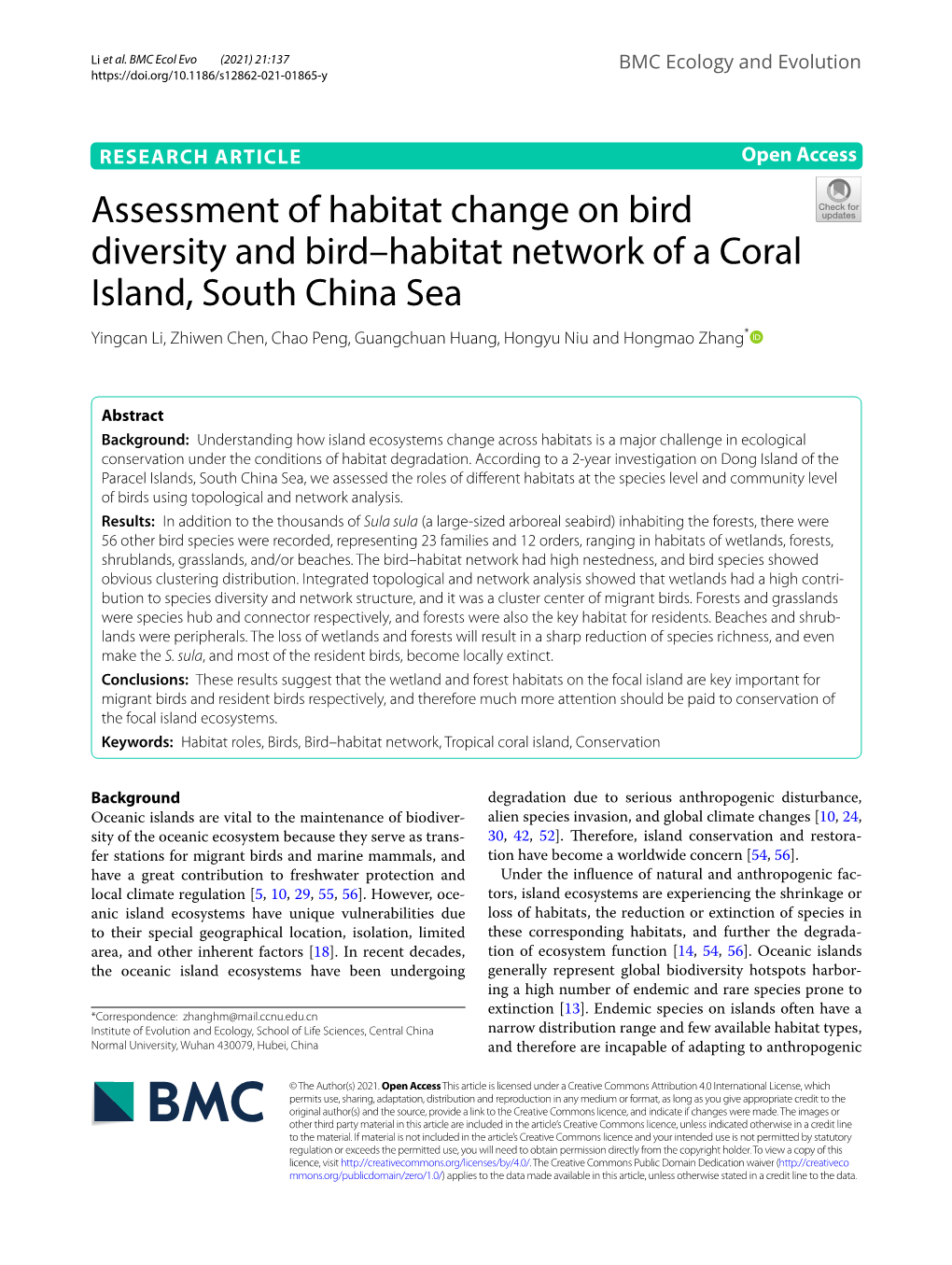 Assessment of Habitat Change on Bird Diversity and Bird–Habitat Network of a Coral Island, South China