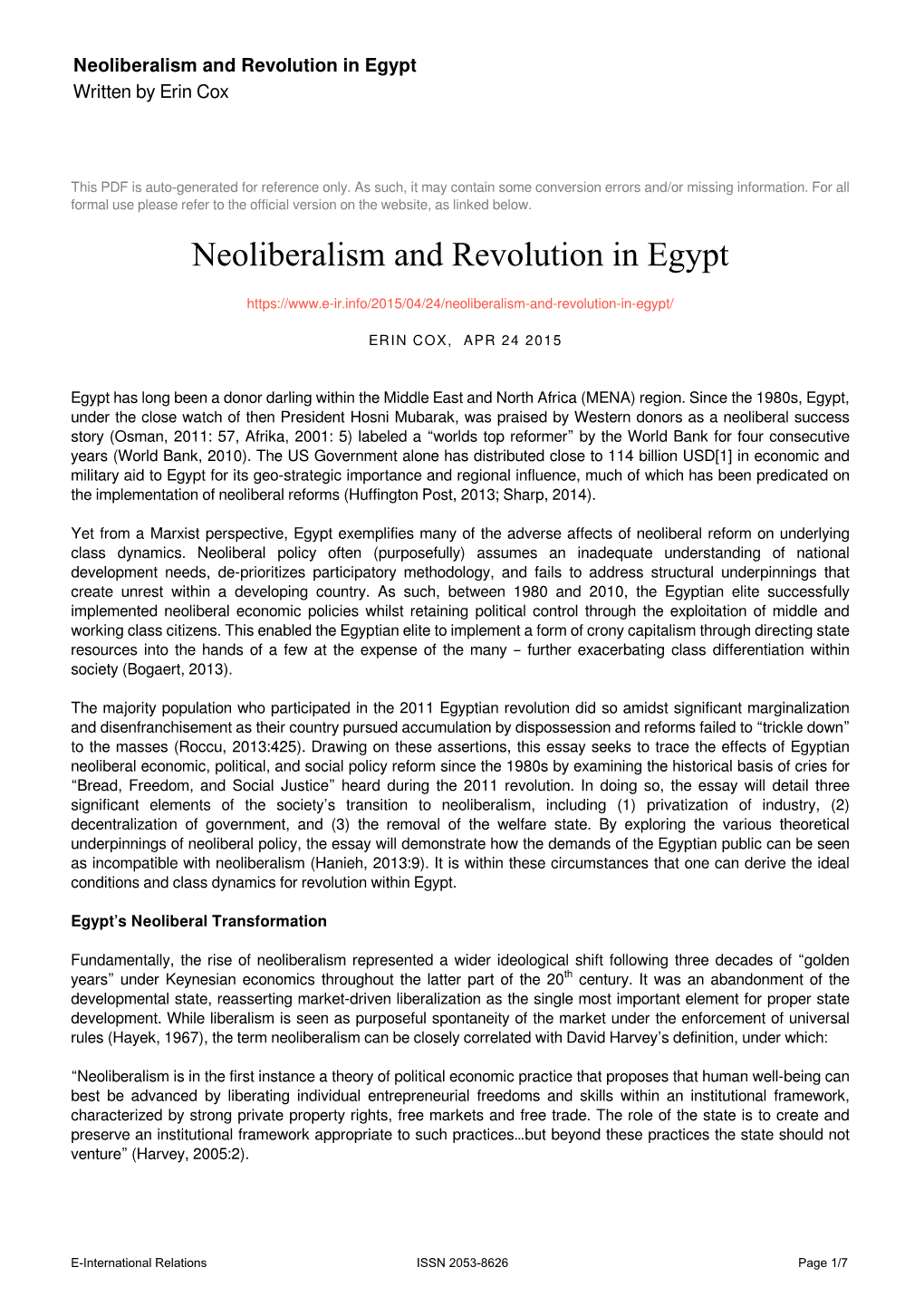 Neoliberalism and Revolution in Egypt Written by Erin Cox