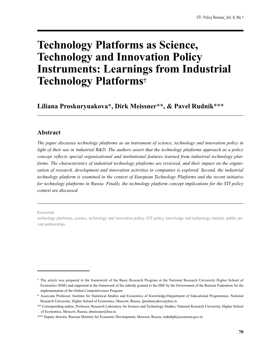 Technology Platforms As Science, Technology and Innovation Policy Instruments: Learnings from Industrial Technology Platforms