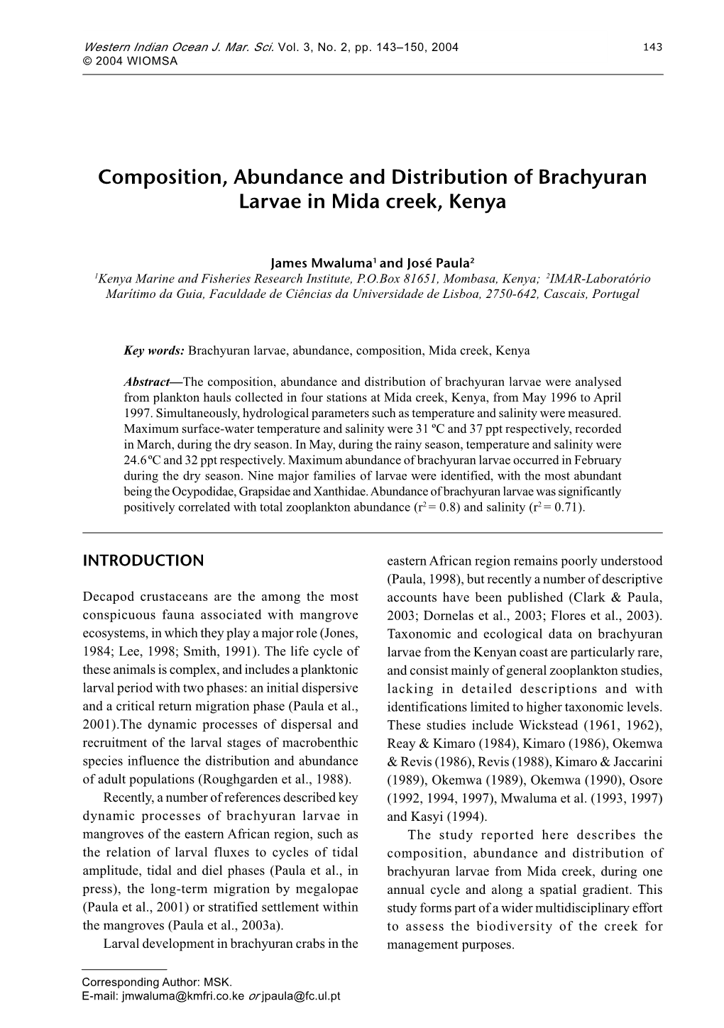 Composition, Abundance and Distribution of Brachyuran Larvae in Mida Creek, Kenya
