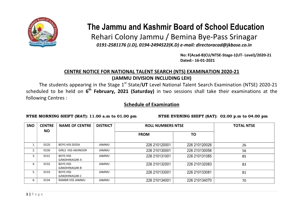 Centre Notice of NTS Exam 2020-21 in Respect of Jammu Division+Leh