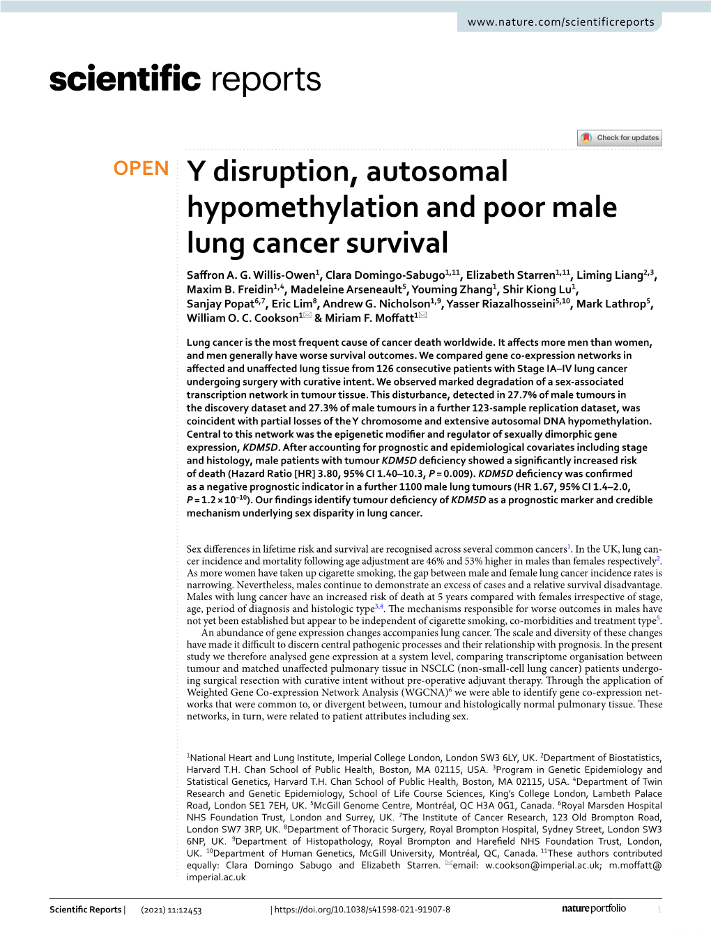 Y Disruption, Autosomal Hypomethylation and Poor Male Lung Cancer Survival Safron A