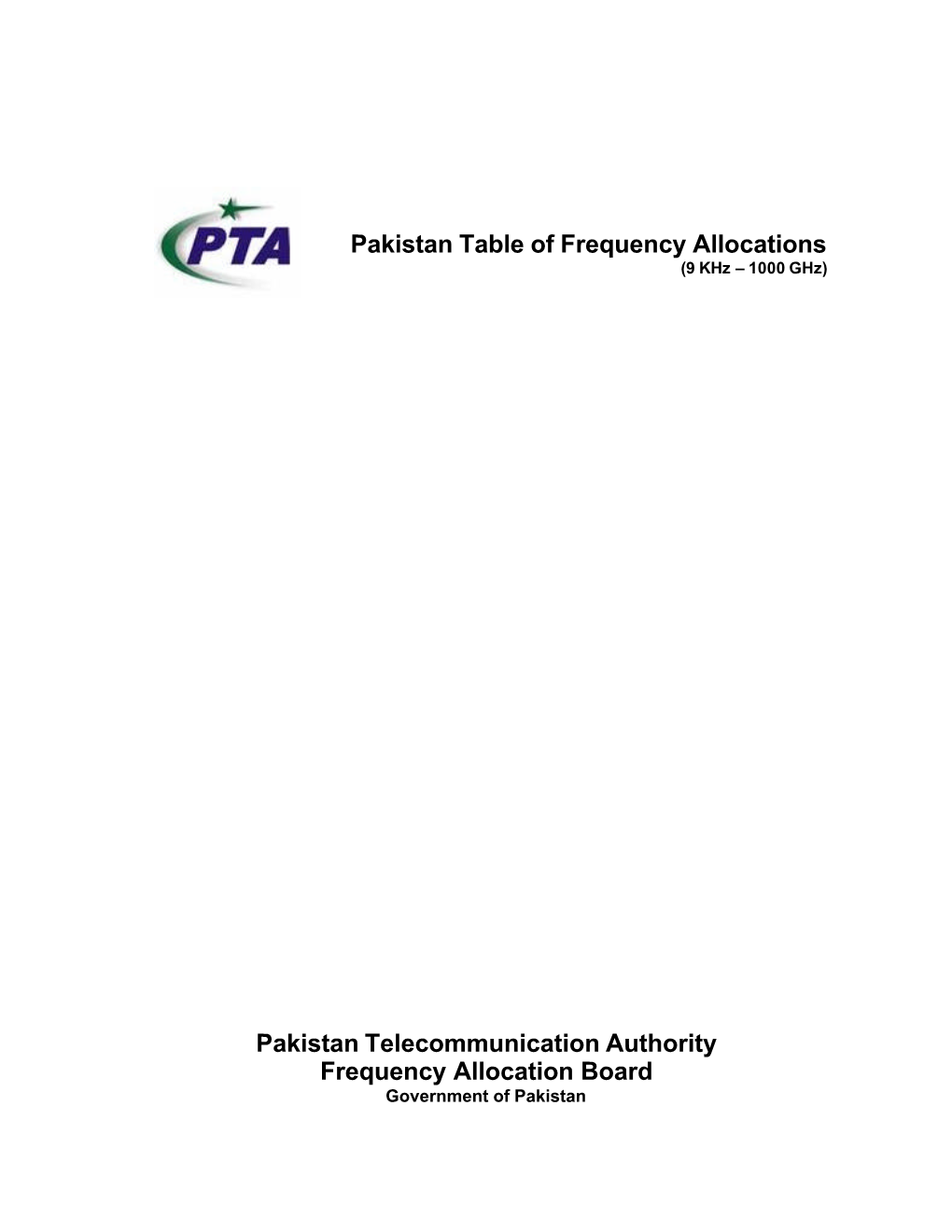 Pakistan Table of Frequency Allocations (9 Khz – 1000 Ghz)