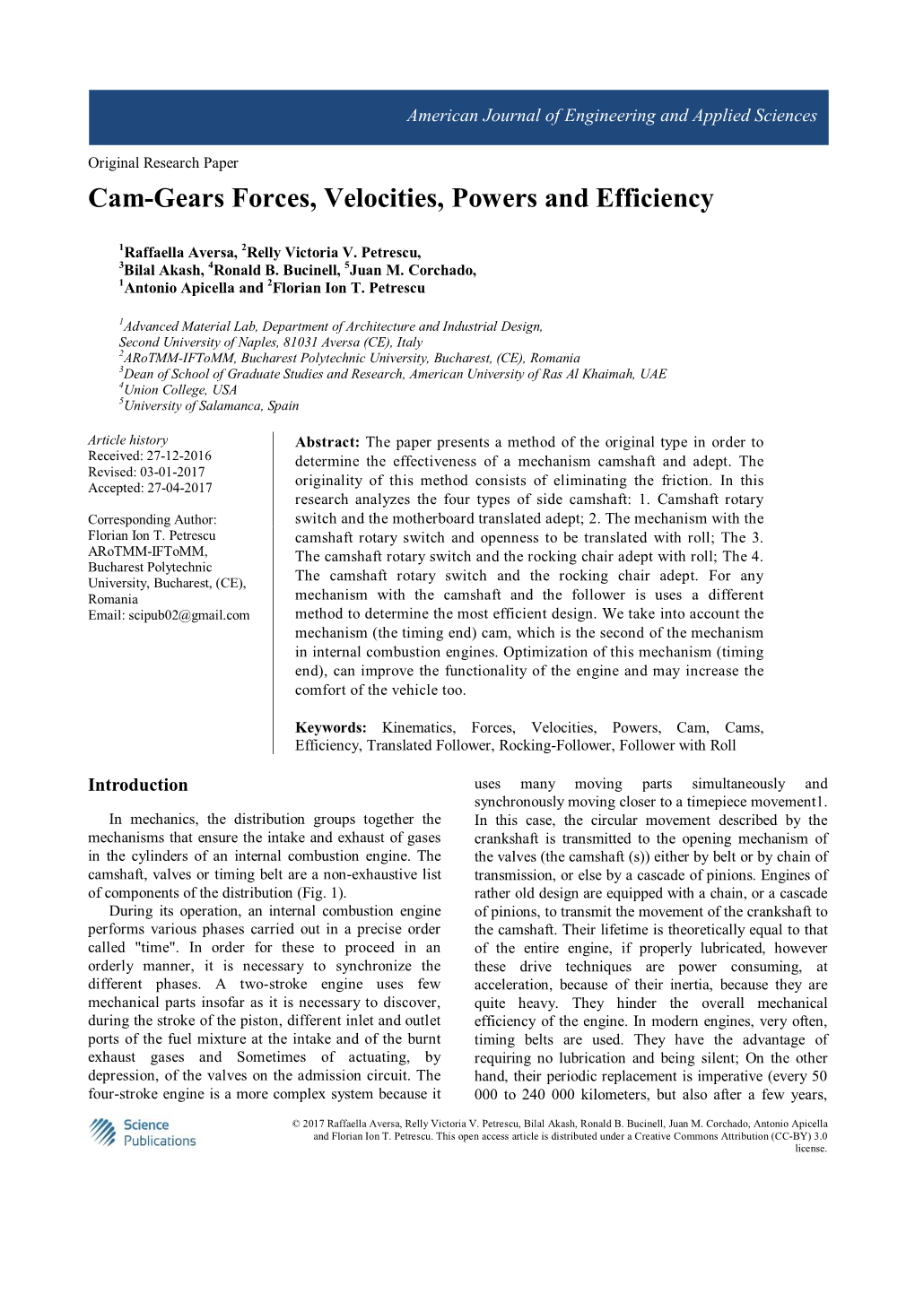 Cam-Gears Forces, Velocities, Powers and Efficiency