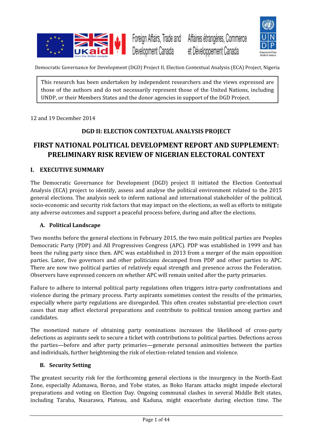 First National Political Development Report and Supplement: Preliminary Risk Review of Nigerian Electoral Context