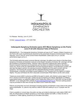 Indianapolis Symphony Orchestra Opens 2013 Marsh Symphony on the Prairie June 21-22 with Classical Tales of Romance