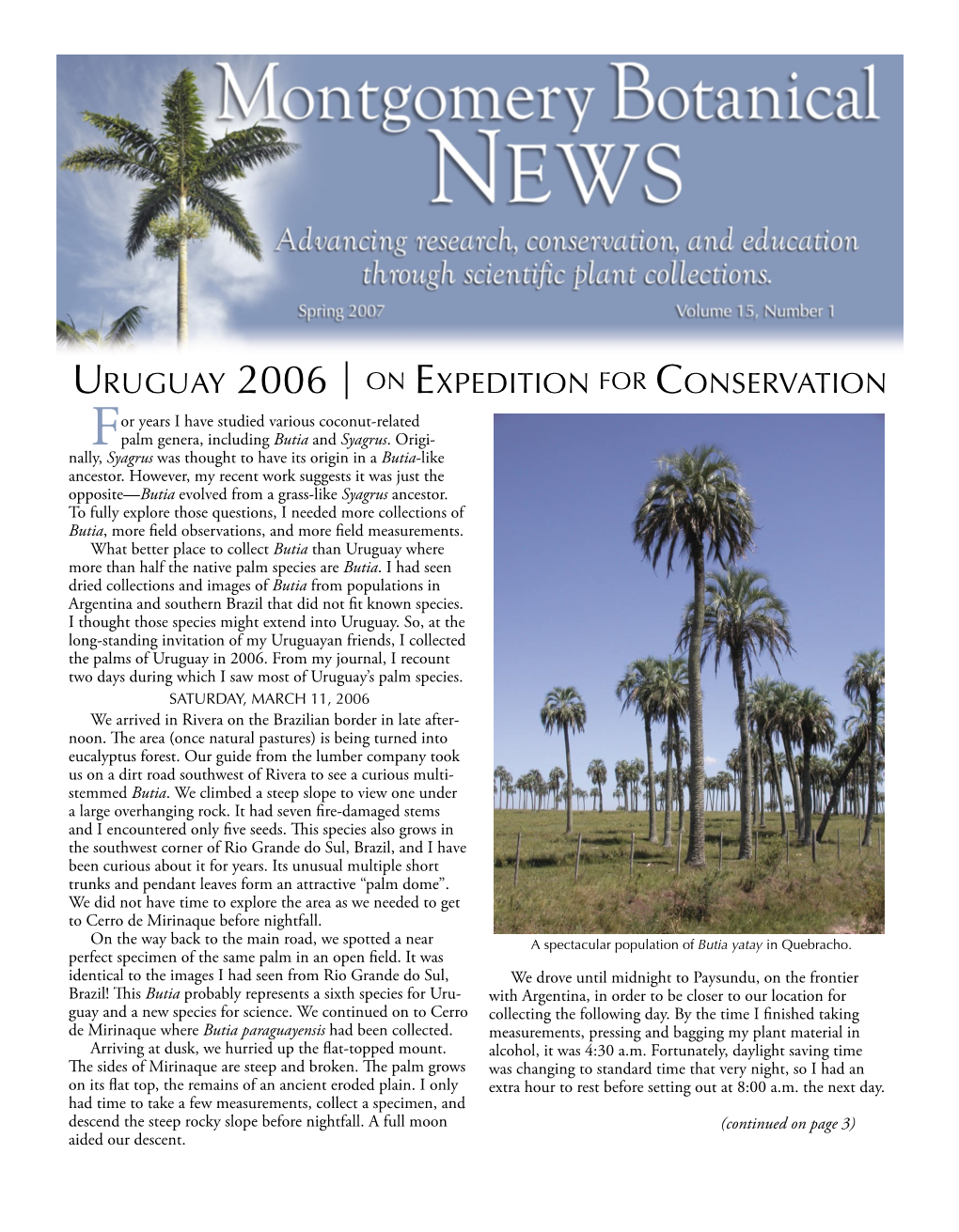 URUGUAY 2006 | on EXPEDITION for CONSERVATION Or Years I Have Studied Various Coconut-Related Palm Genera, Including Butia and Syagrus