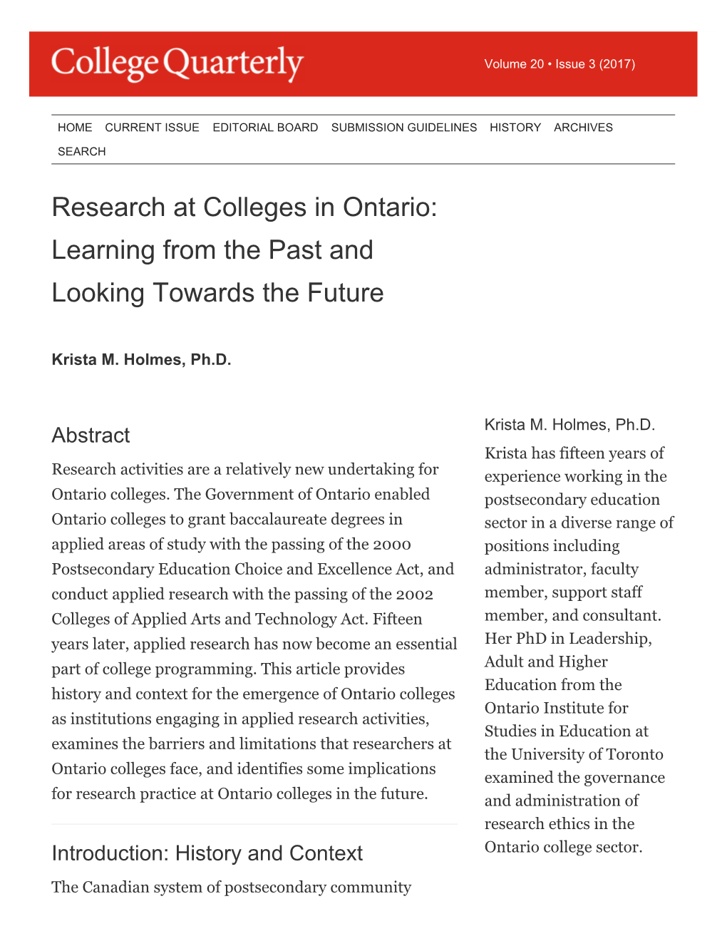 Research at Colleges in Ontario: Learning from the Past and Looking Towards the Future