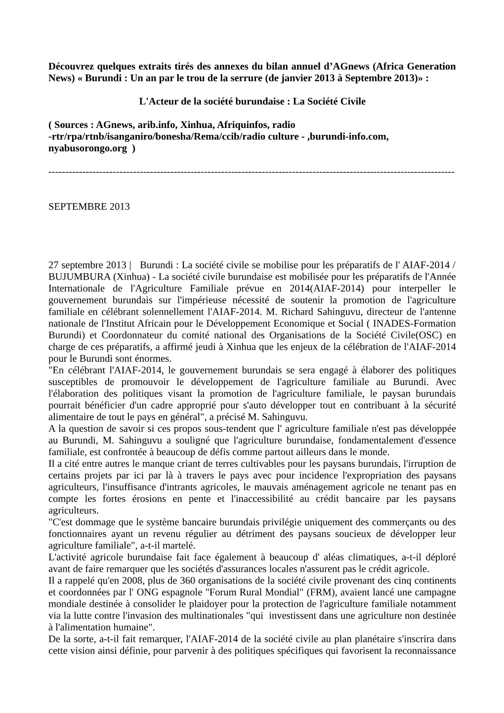 Africa Generation News) « Burundi : Un an Par Le Trou De La Serrure (De Janvier 2013 À Septembre 2013)»