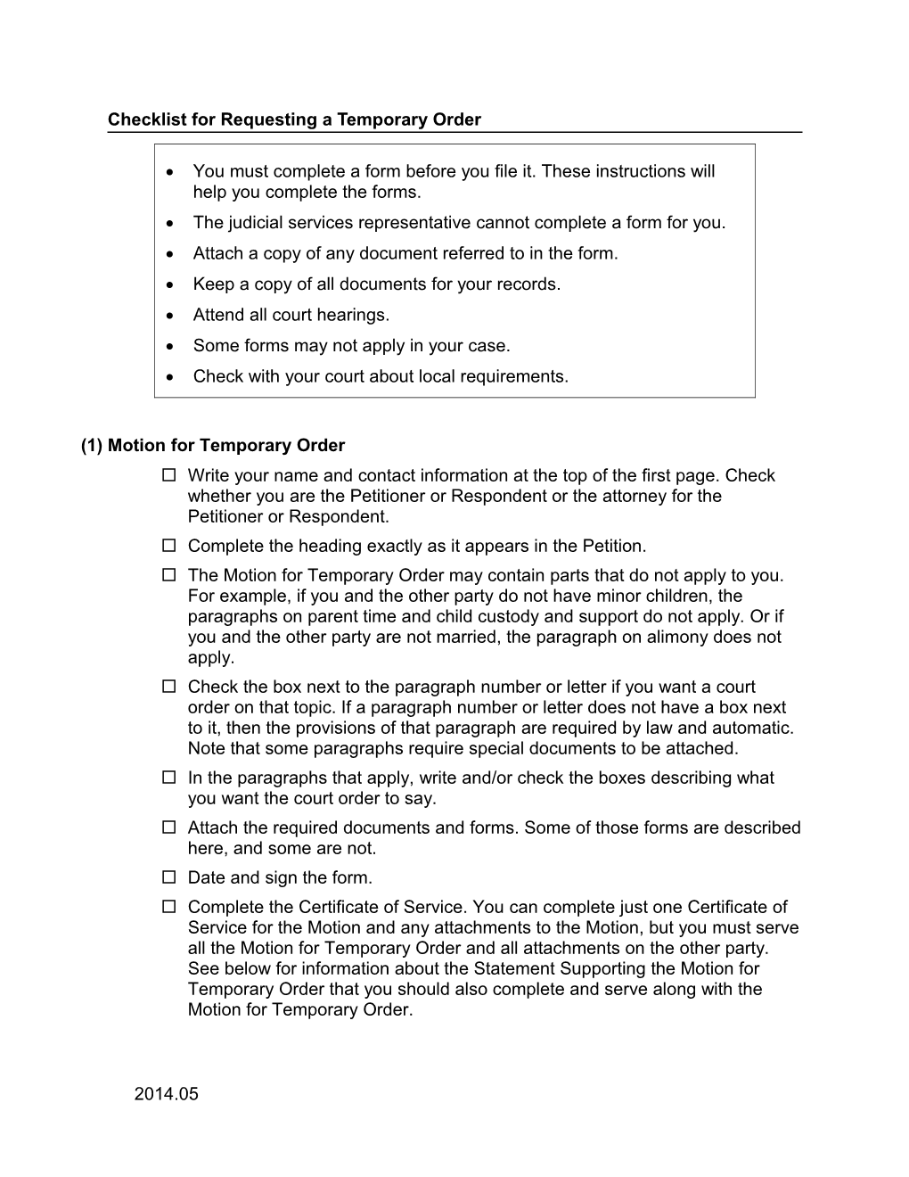 Checklist for Requesting a Temporary Order