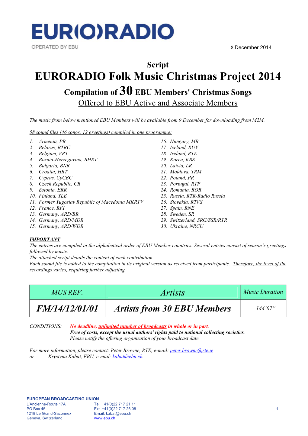 EURORADIO Folk Music Christmas Project 2014 Compilation of 30 EBU Members' Christmas Songs Offered to EBU Active and Associate Members