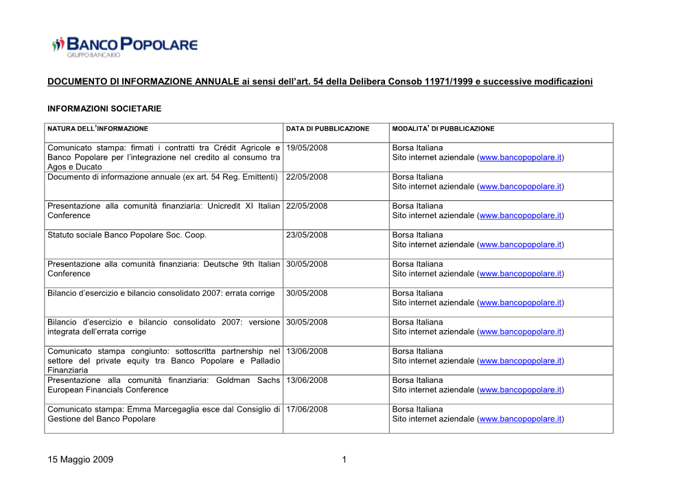 DOCUMENTO DI INFORMAZIONE ANNUALE Ai Sensi Dell'art. 54 Della