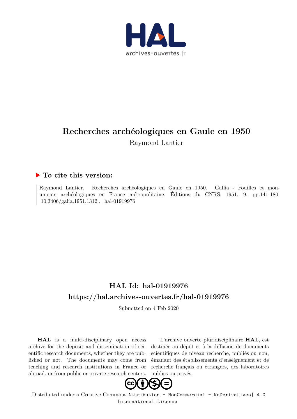 Recherches Archéologiques En Gaule En 1950 Raymond Lantier