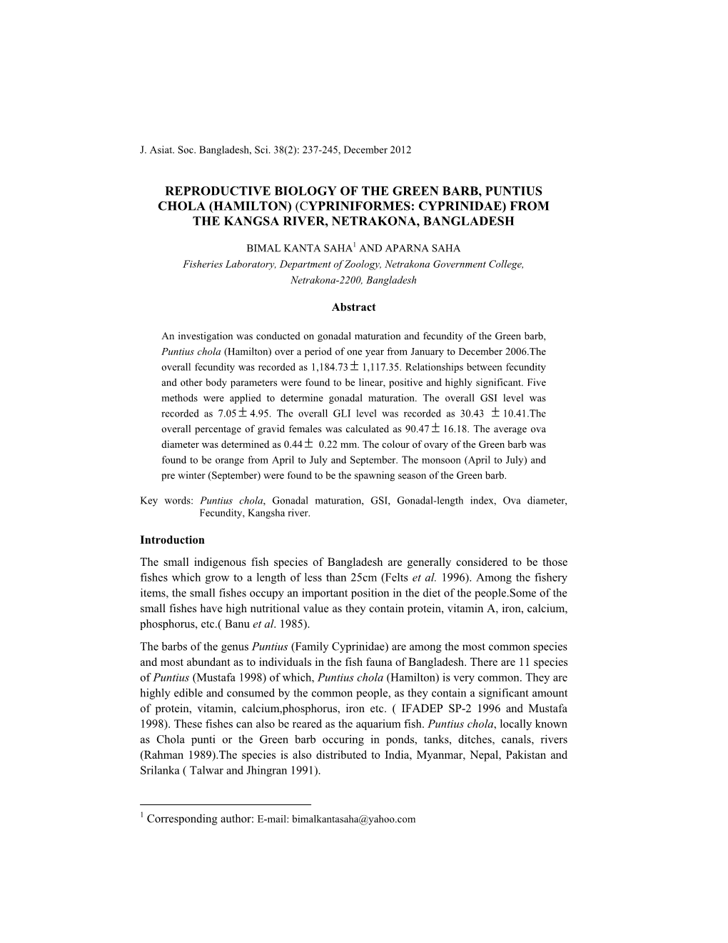 Reproductive Biology of the Green Barb, Puntius Chola (Hamilton) (Cypriniformes: Cyprinidae) from the Kangsa River, Netrakona, Bangladesh