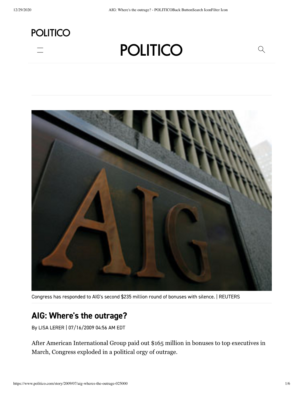 AIG: Where's the Outrage? - Politicoback Buttonsearch Iconfilter Icon