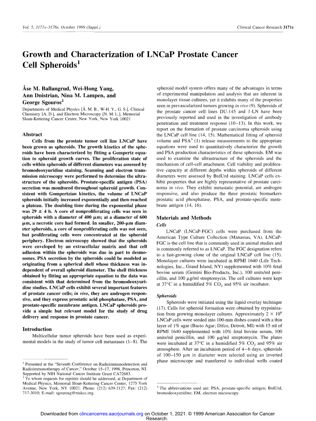 Growth and Characterization of Lncap Prostate Cancer Cell Spheroids 1