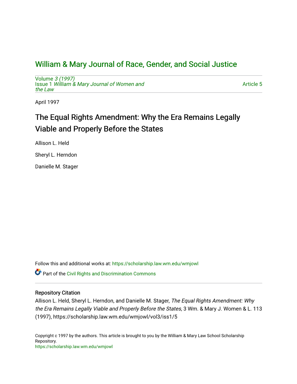 The Equal Rights Amendment: Why the Era Remains Legally Viable and Properly Before the States