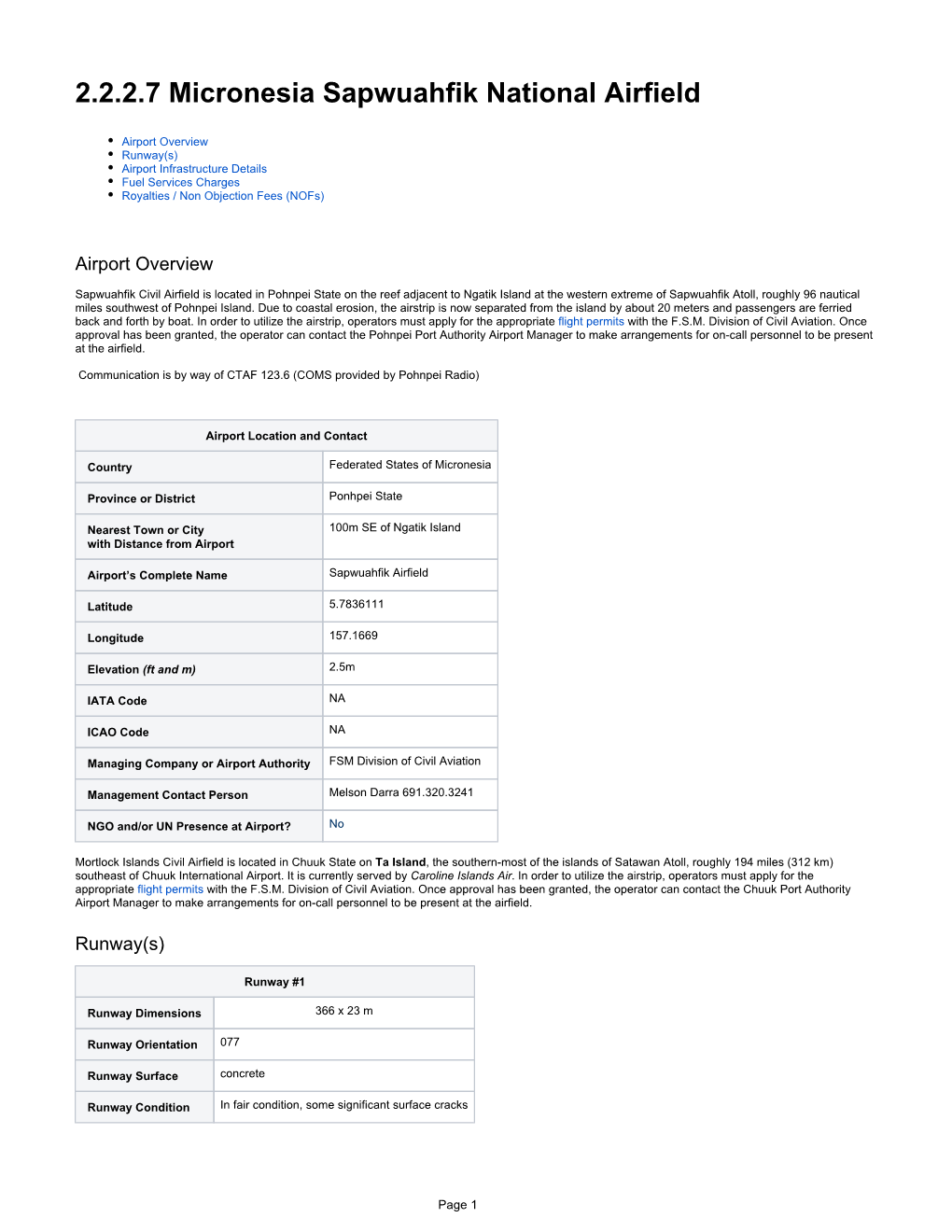2.2.2.7 Micronesia Sapwuahfik National Airfield
