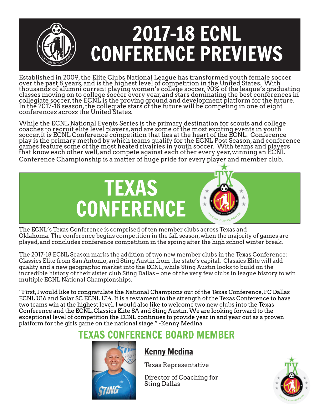 TEXAS CONFERENCE the ECNL’S Texas Conference Is Comprised of Ten Member Clubs Across Texas and Oklahoma