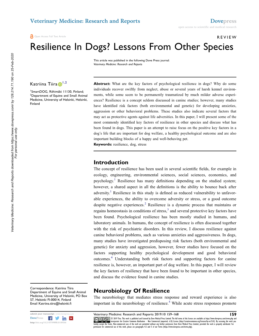 Resilience in Dogs? Lessons from Other Species