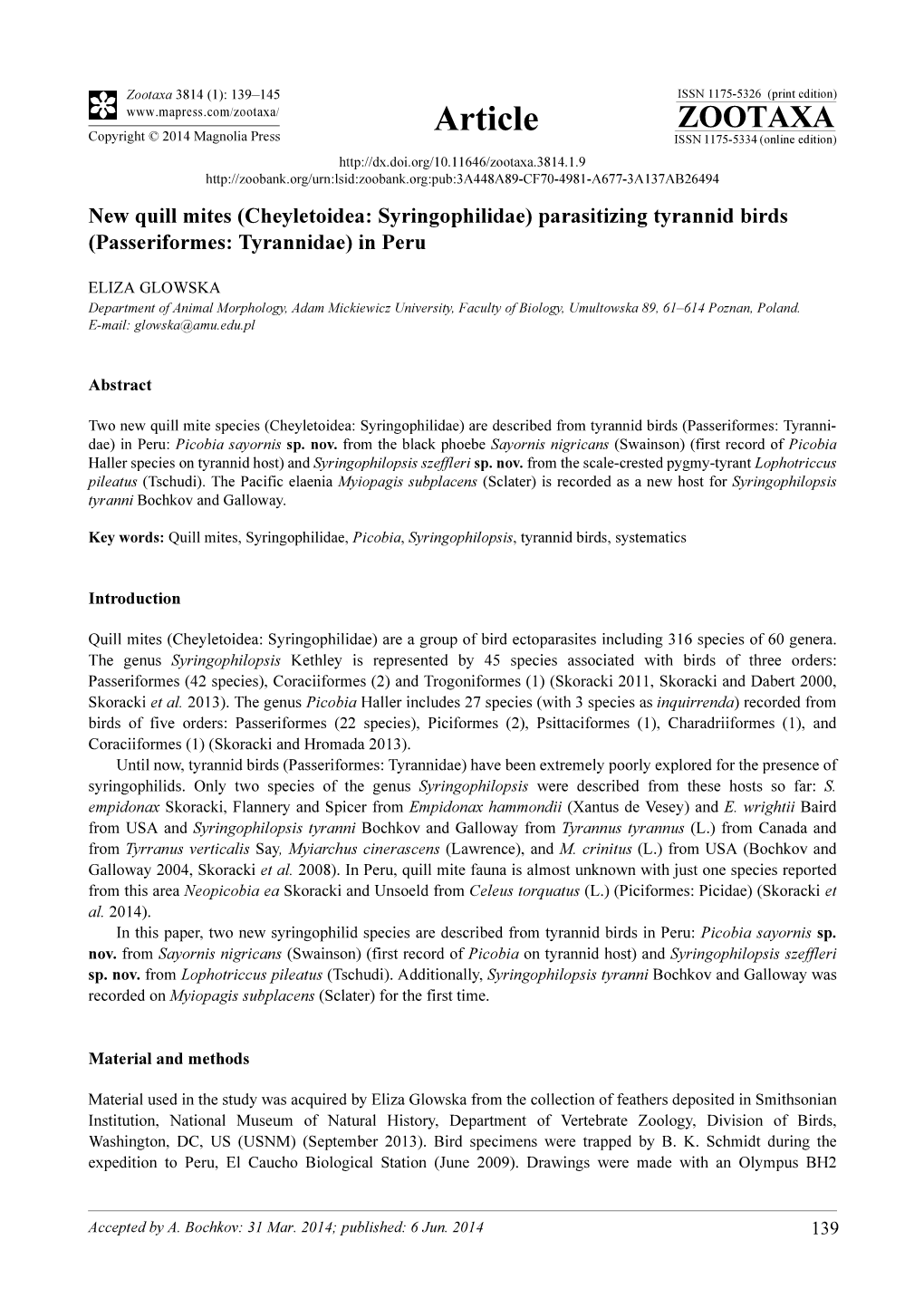 Cheyletoidea: Syringophilidae) Parasitizing Tyrannid Birds (Passeriformes: Tyrannidae) in Peru