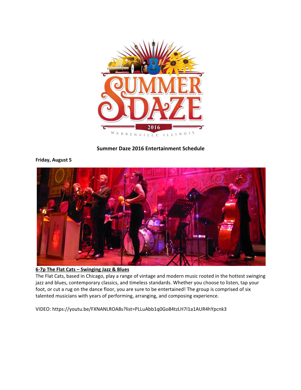 Summer Daze 2016 Entertainment Schedule