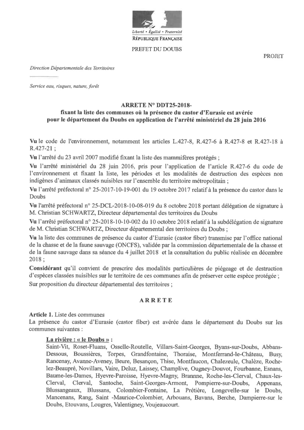 Fixant La Liste Des Communes Où La Présence Du Castor D'eurasie Est