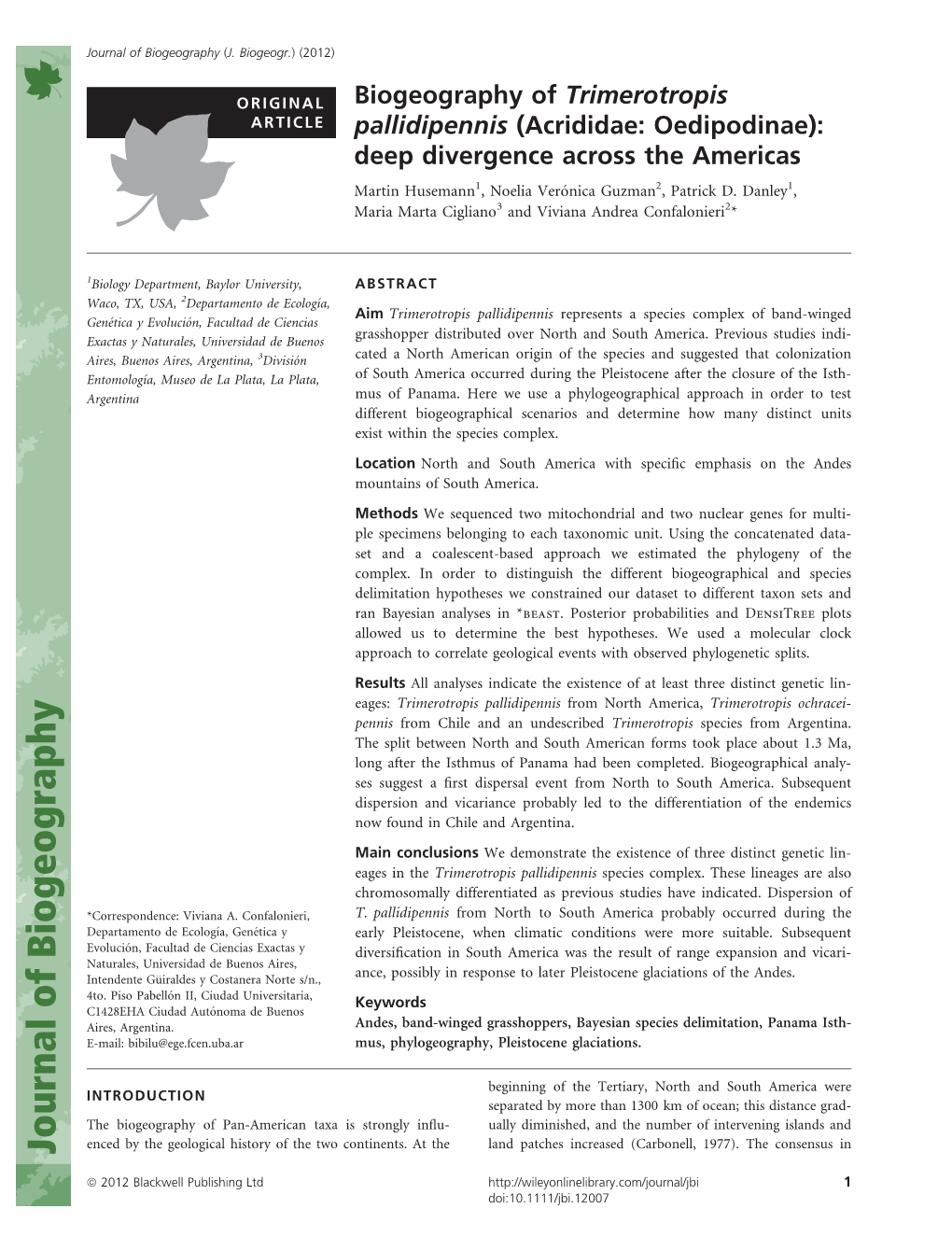 Acrididae: Oedipodinae): Deep Divergence Across the Americas Martin Husemann1, Noelia Vero´Nica Guzman2, Patrick D