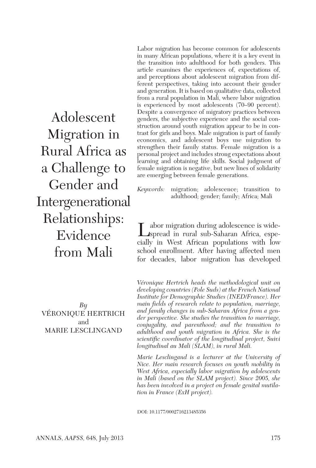 Adolescent Migration in Rural Africa As a Challenge to Gender And