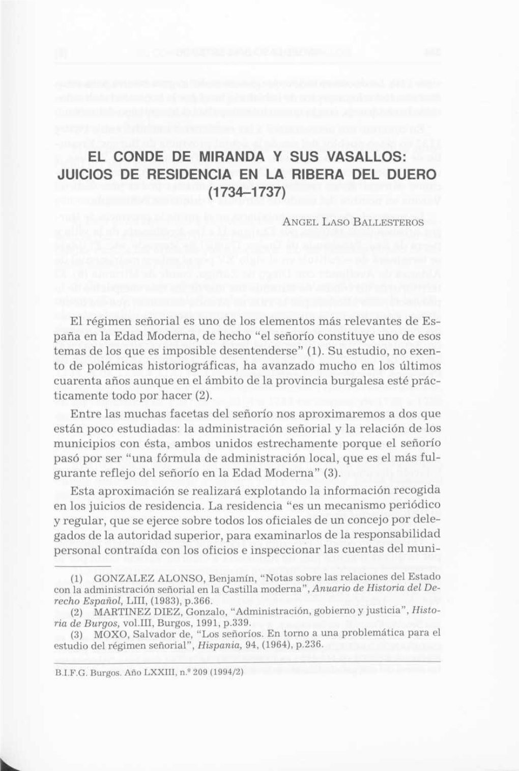 El Conde De Miranda Y Sus Vasallos: Juicios De Residencia En La Ribera Del Duero (1734-1737)