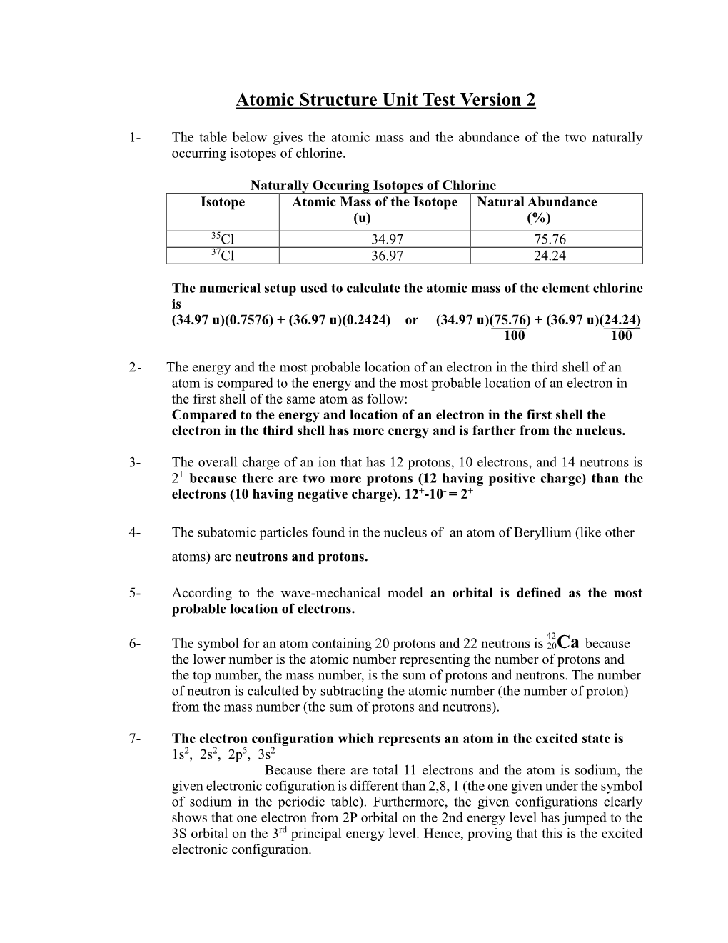 Atomic Structure Unit Test Version 2