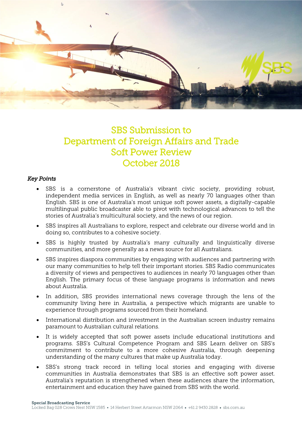 SBS Submission to Department of Foreign Affairs and Trade Soft Power Review October 2018