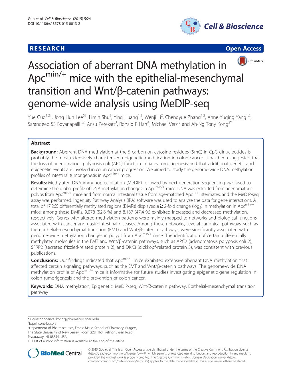 Association of Aberrant DNA Methylation in Apc Min/Mice With