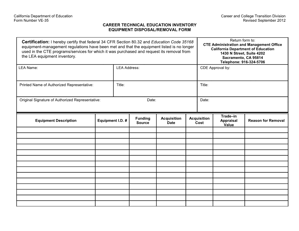 Equipment Disposal Form - Perkins (CA Dept of Education)