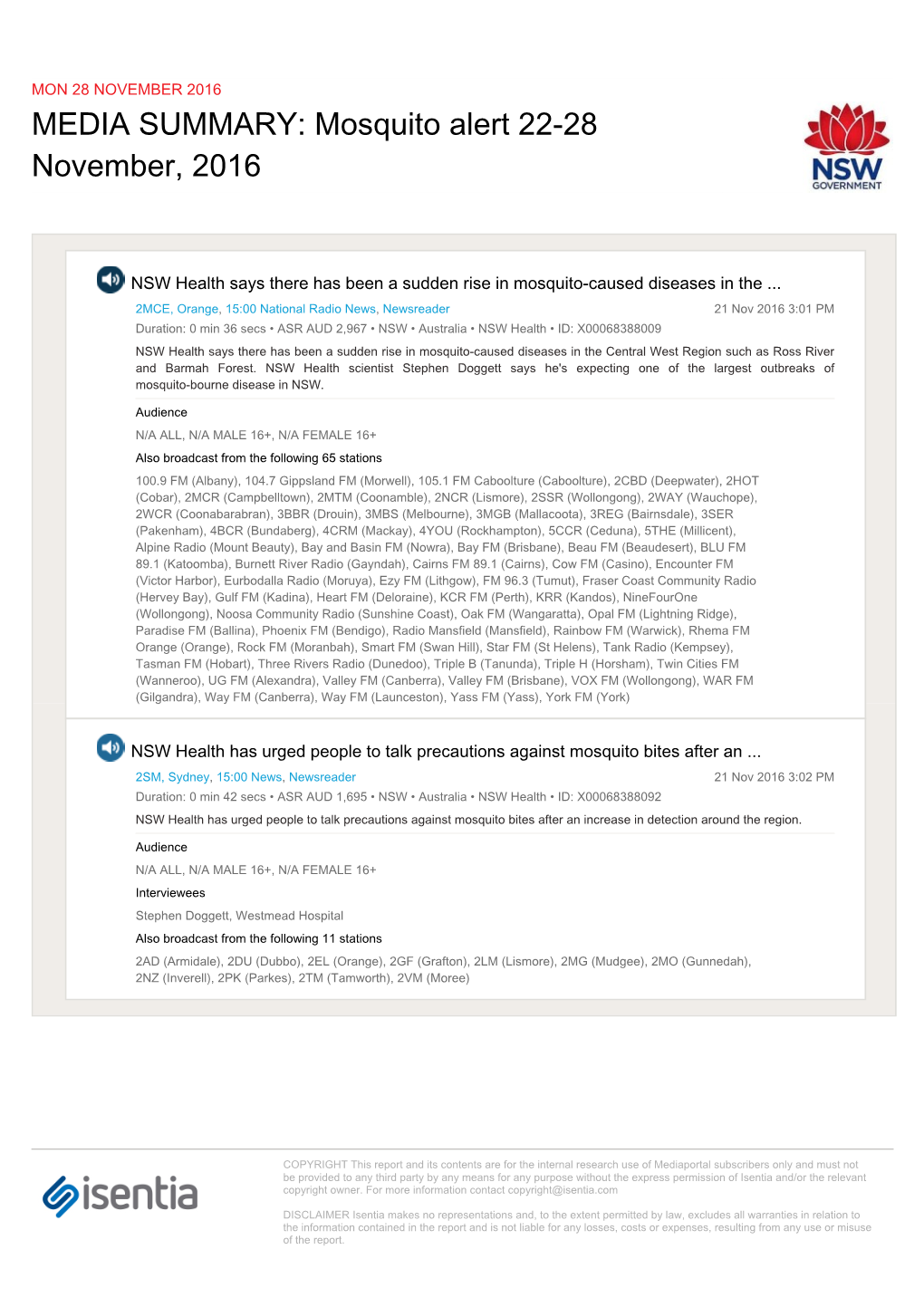 Mosquito Alert 22-28 November, 2016