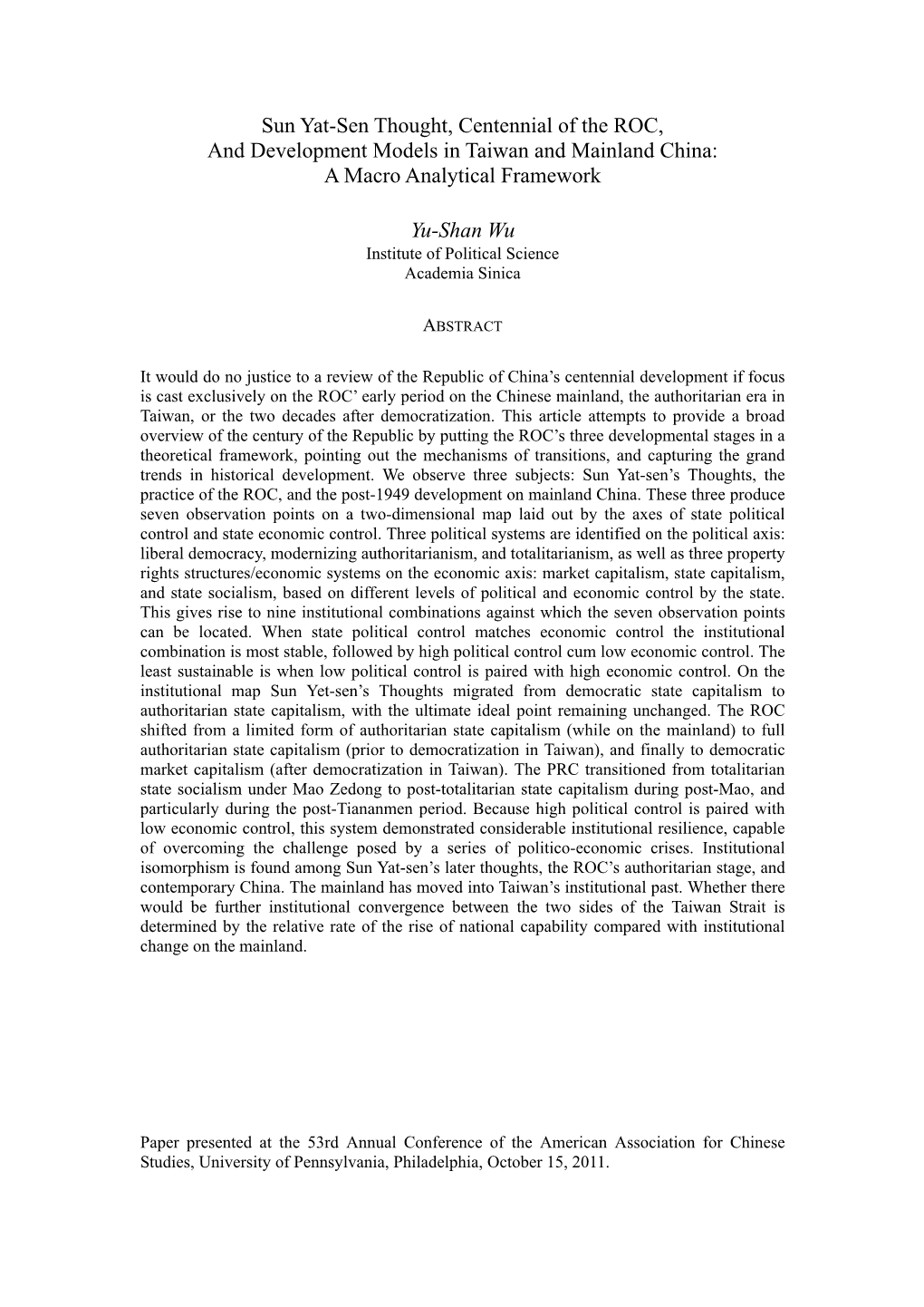 Sun Yat-Sen Thought, Centennial of the ROC, and Development Models in Taiwan and Mainland China: a Macro Analytical Framework