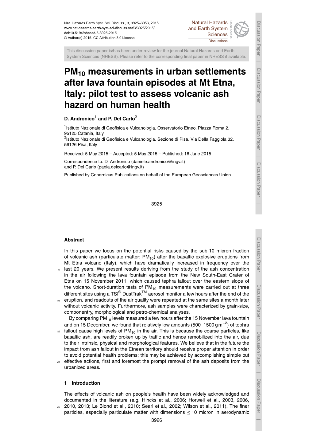 PM10 Measurements in Urban Settlements After Lava Fountain