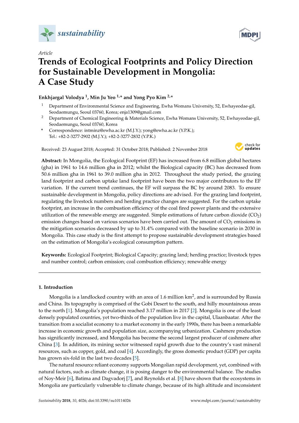 Trends of Ecological Footprints and Policy Direction for Sustainable Development in Mongolia: a Case Study