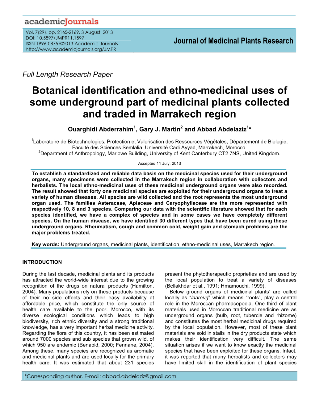 Botanical Identification and Ethno-Medicinal Uses of Some Underground Part of Medicinal Plants Collected and Traded in Marrakech Region